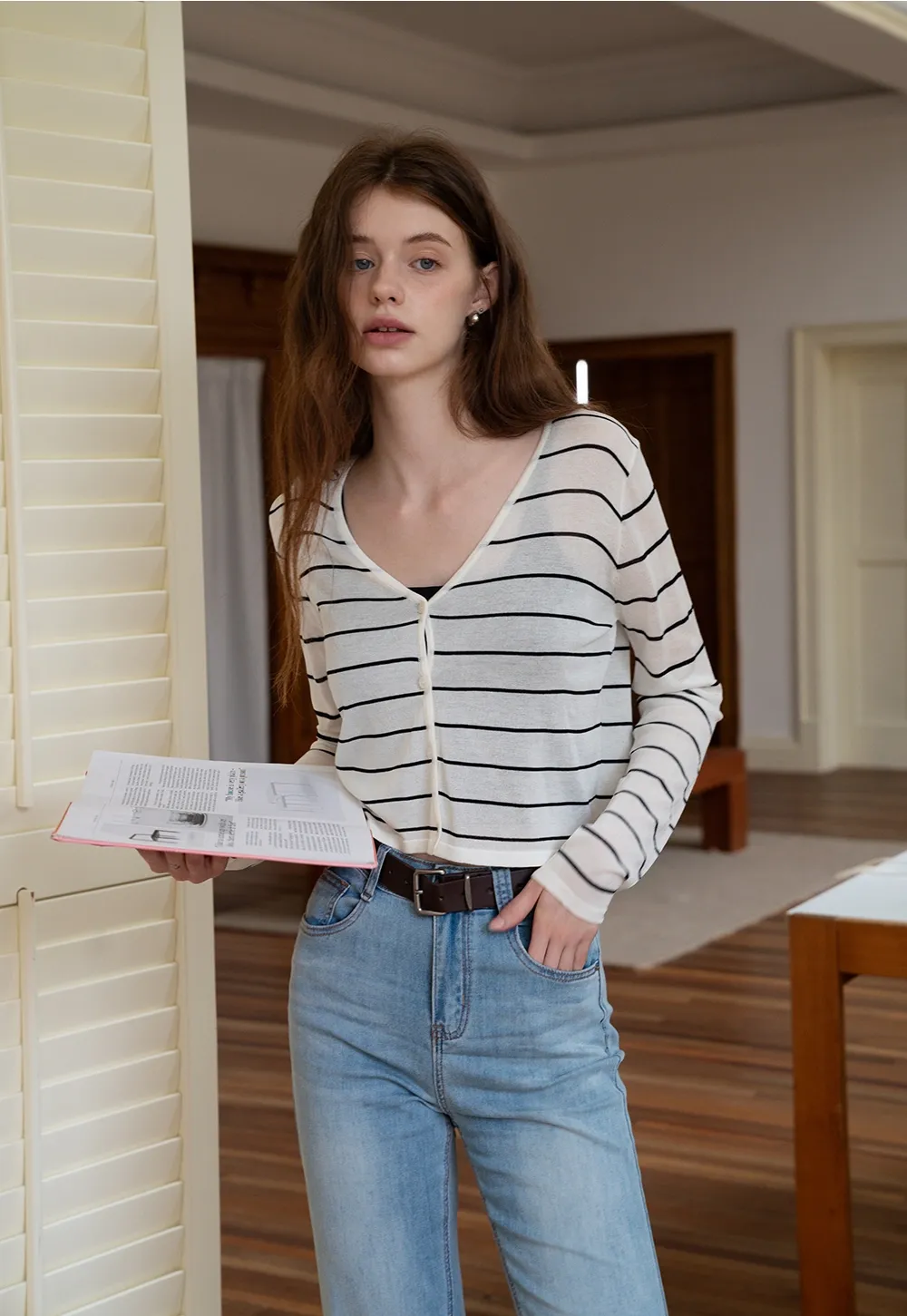 Striped V-Neck Long Sleeve Cardigans