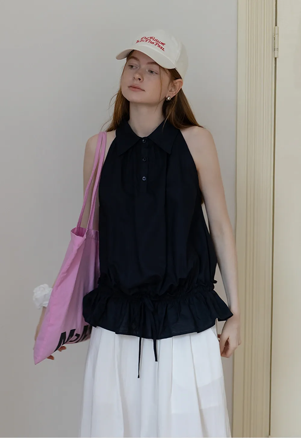 Drawstring Hem Sleeveless Collared Top