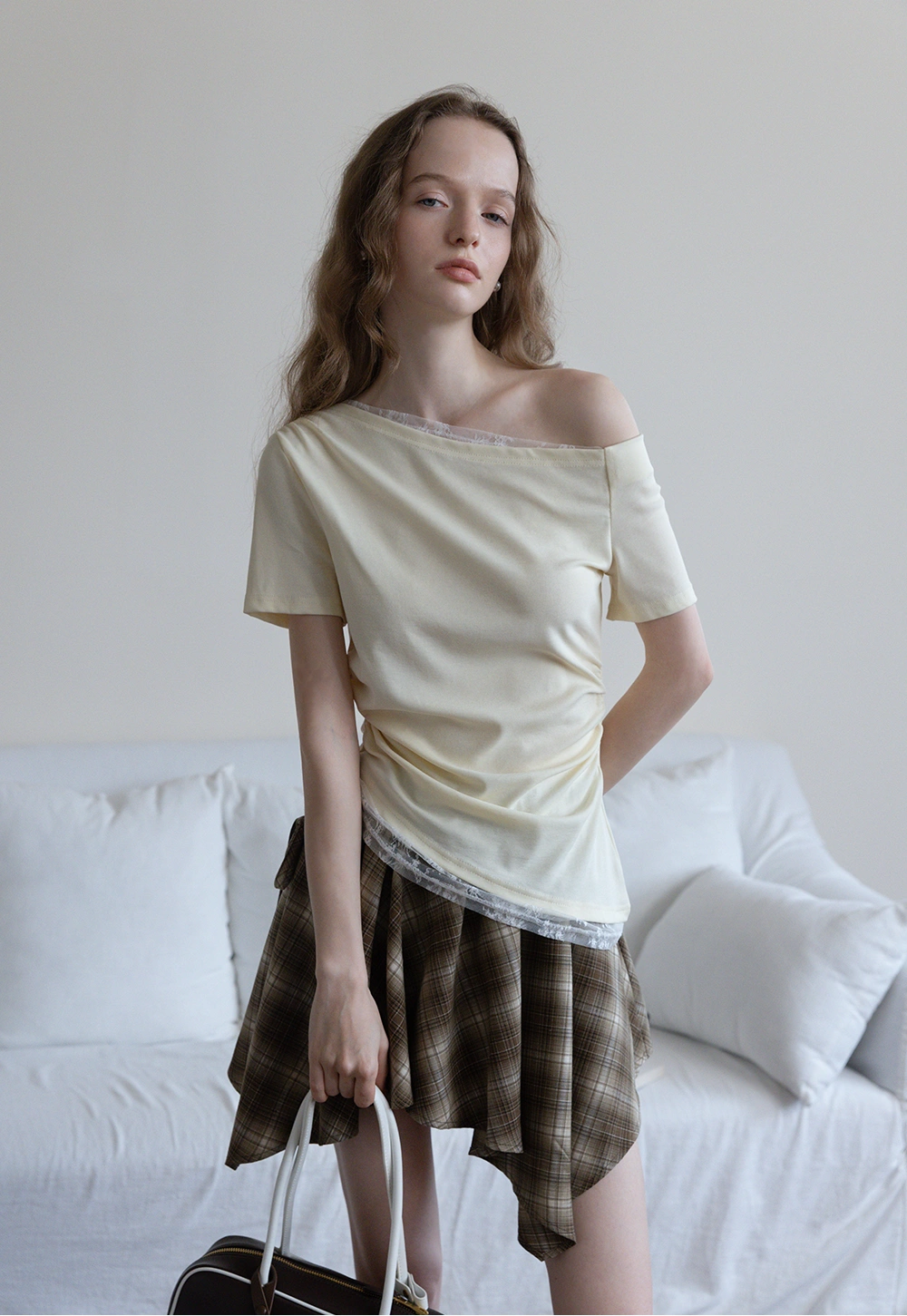 Asymmetrical Off-Shoulder Tee with Lace Hem