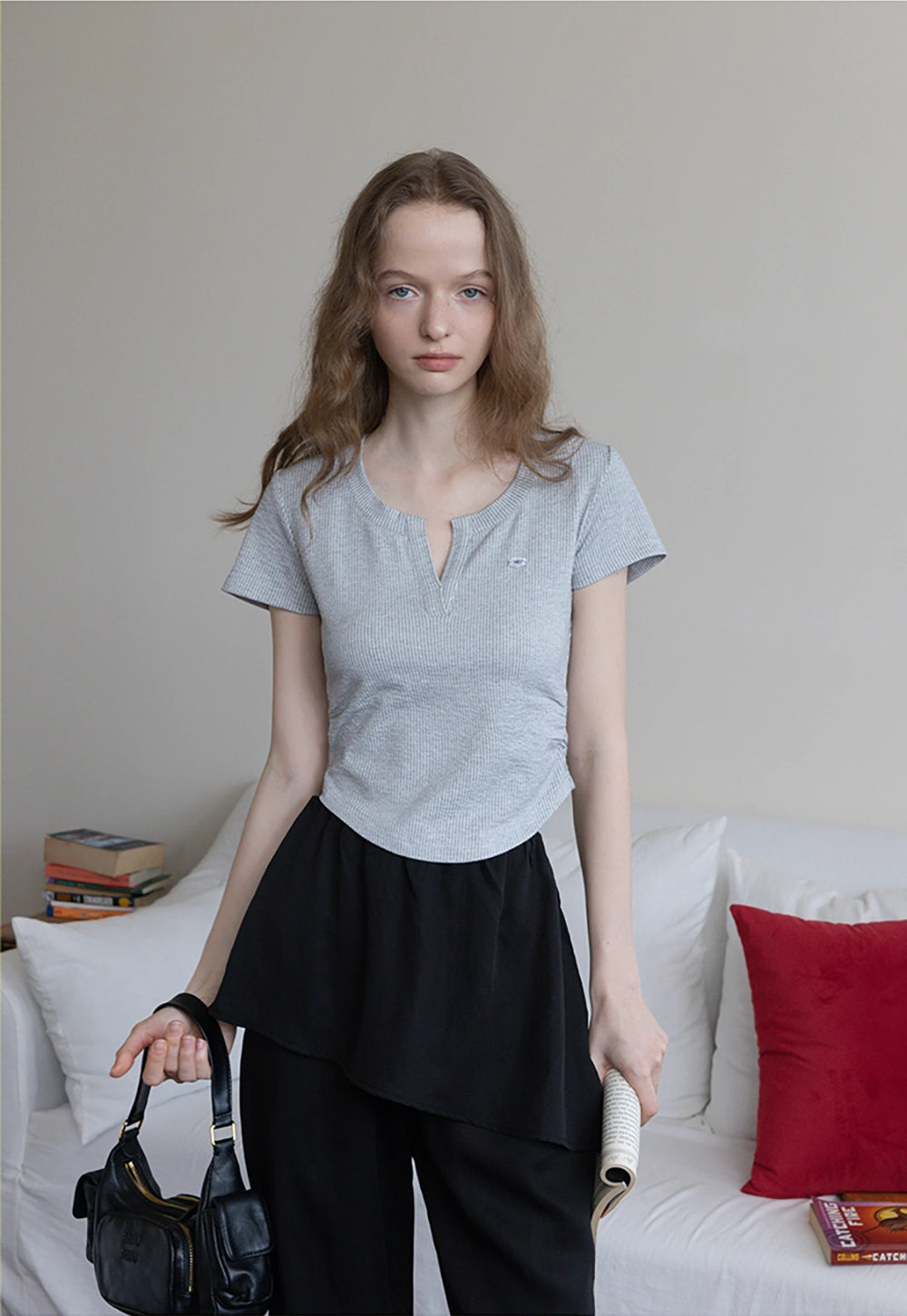 Waffle Knit Notch Neck Fitted T-Shirt