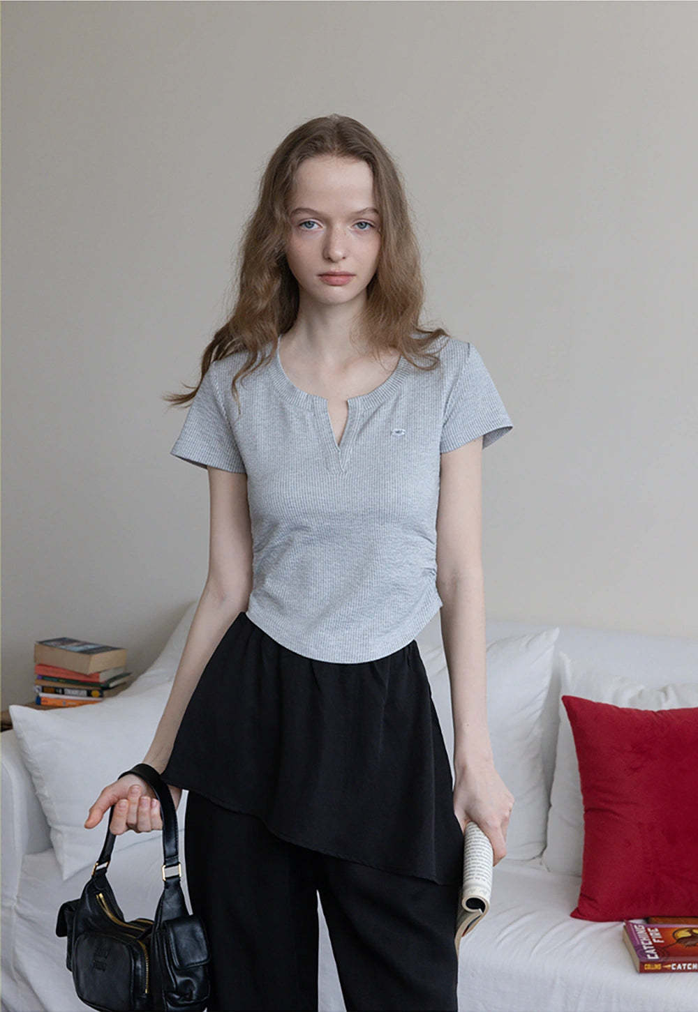 Waffle Knit Notch Neck Fitted T-Shirt