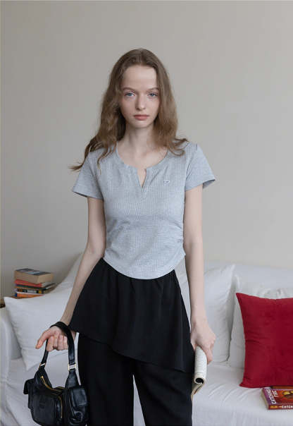 Waffle Knit Notch Neck Fitted T-Shirt