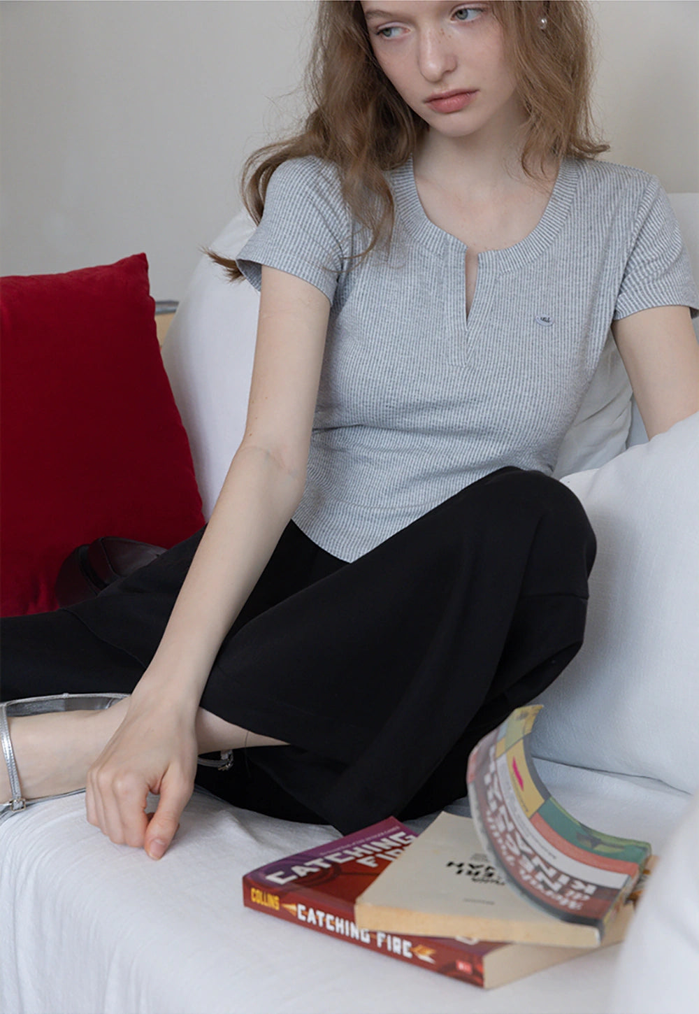 Waffle Knit Notch Neck Fitted T-Shirt