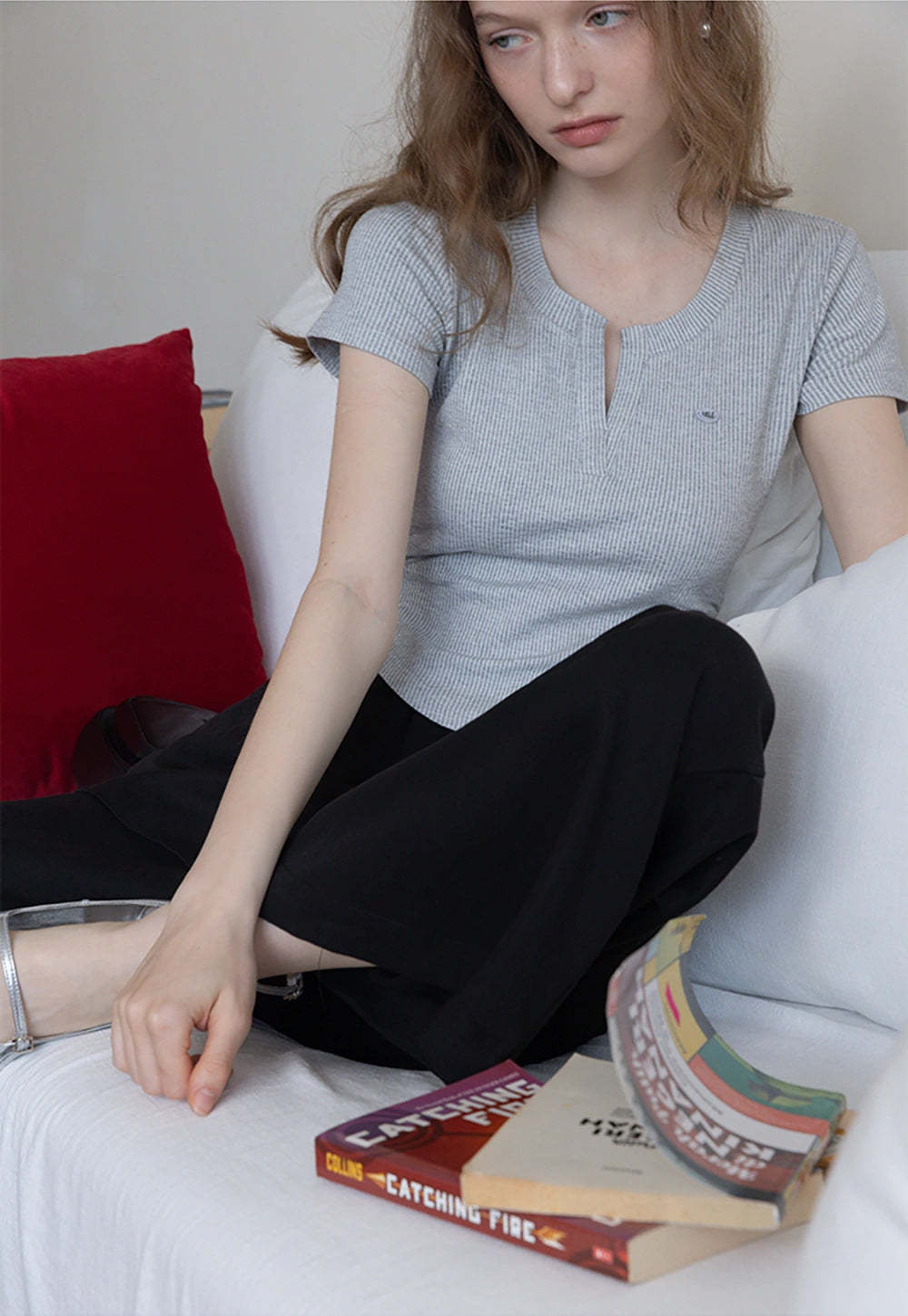 Waffle Knit Notch Neck Fitted T-Shirt