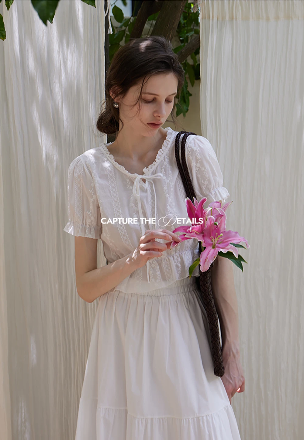 Women’s Tie-Neck Puff-Sleeve Lace Peplum Blouse