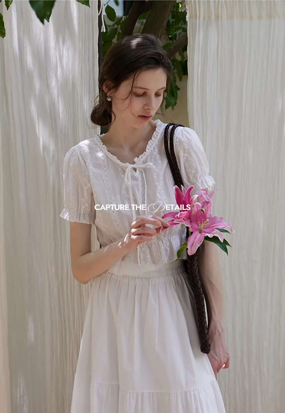 Women’s Tie-Neck Puff-Sleeve Lace Peplum Blouse