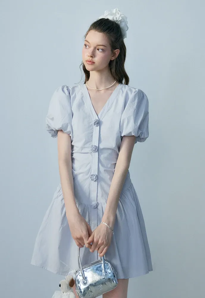 Women's V-Neck Puff Sleeve Mini Dress