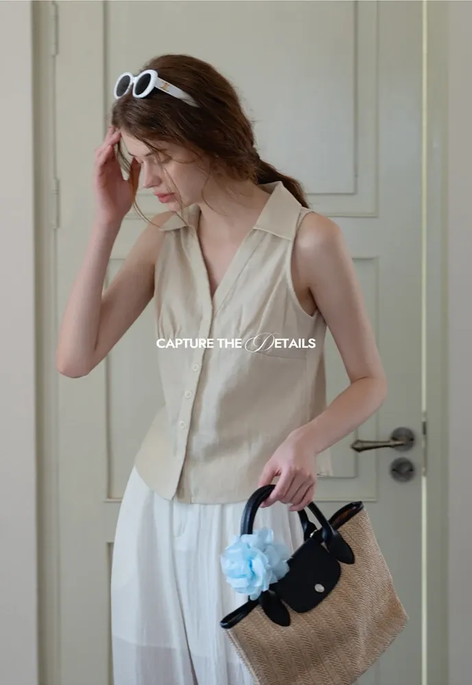 Women’s Linen Collared Button-Front Sleeveless Top