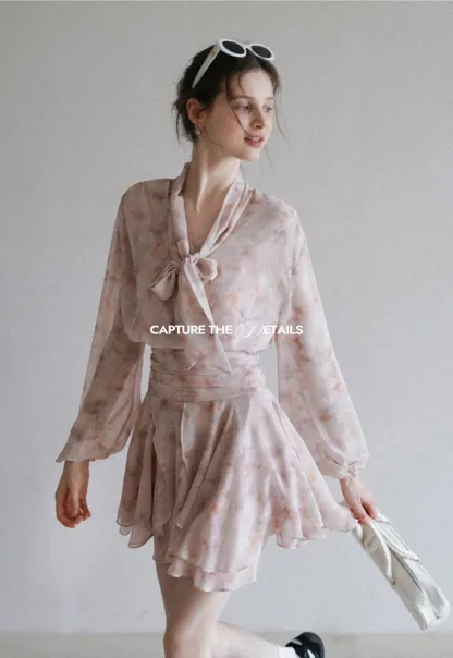 Romantic Floral Layered Dress with Belted Waist