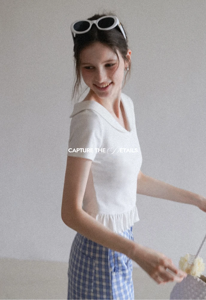 Women’s Sailor Collar Ruffle Hem Short-Sleeve Tee