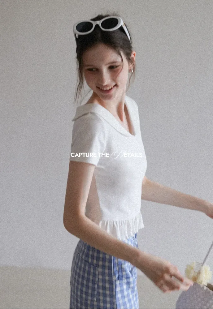 Women’s Sailor Collar Ruffle Hem Short-Sleeve Tee