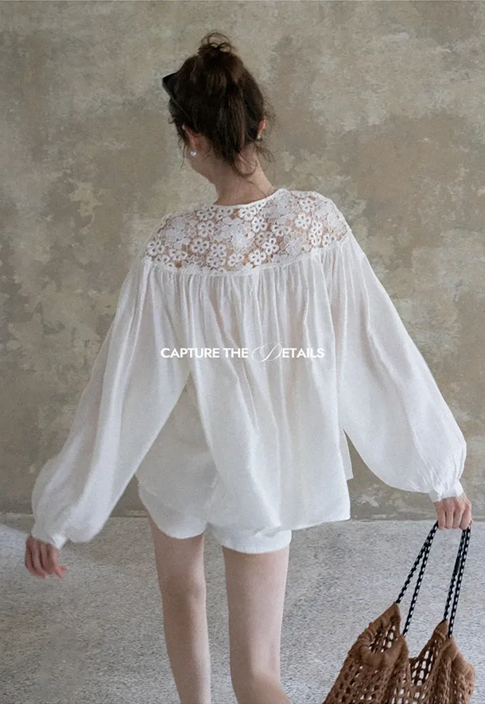 Women Lace Yoke Bishop Sleeve Button Down Blouse