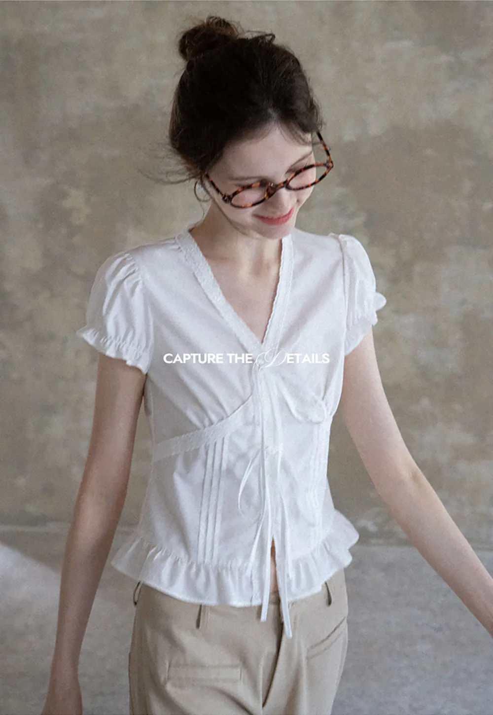 Women's Puff Sleeve Back Tie Blouse with Lace Trim