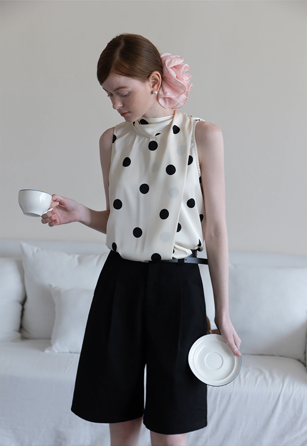 Women's Sleeveless Polka Dot Blouse with Scarf Detail