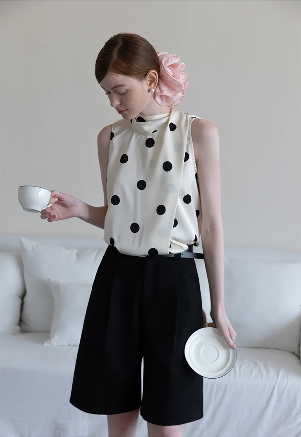 Women's Sleeveless Polka Dot Blouse with Scarf Detail