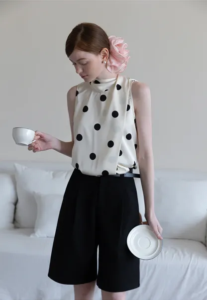 Women's Sleeveless Polka Dot Blouse with Scarf Detail