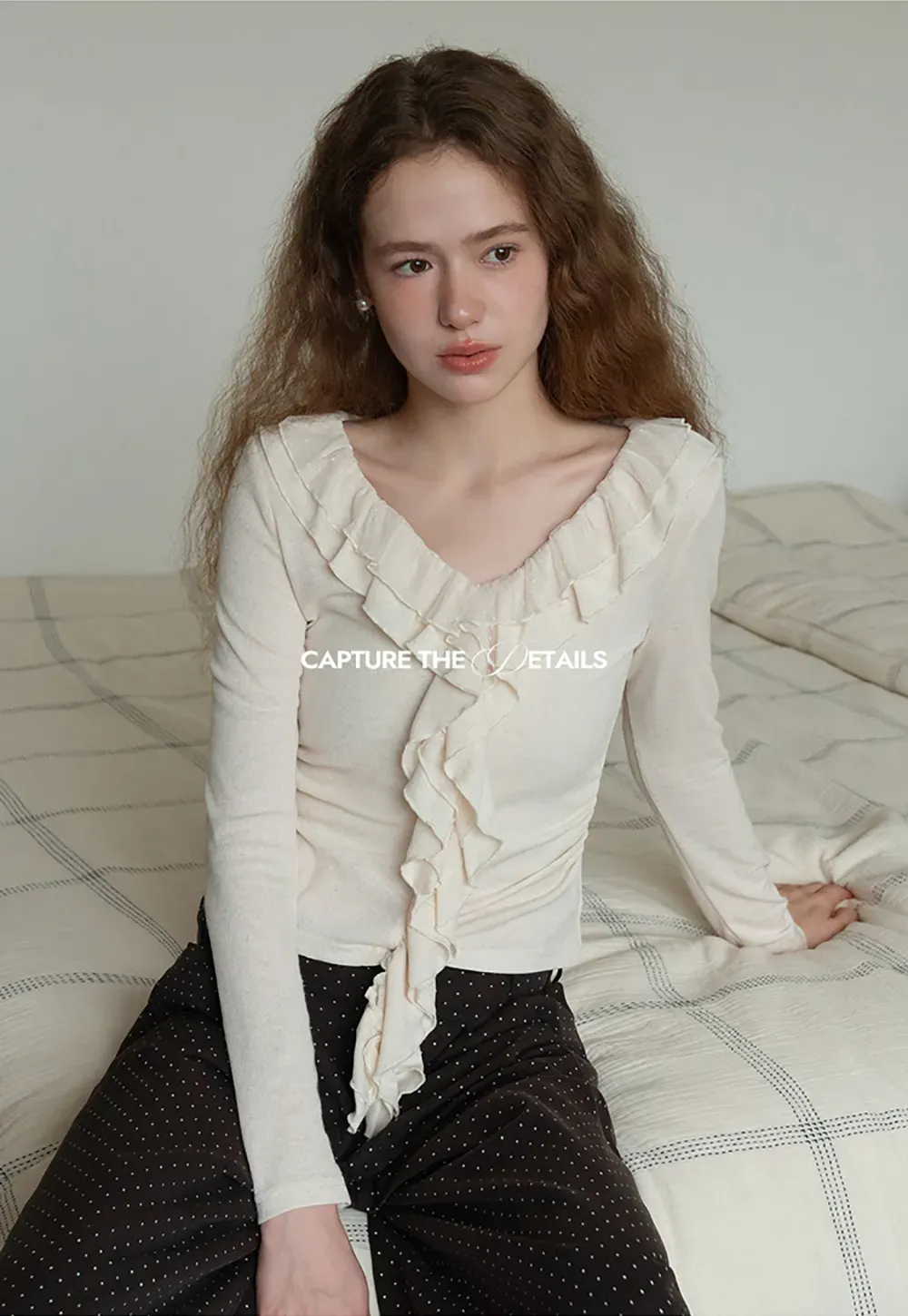 Ruffled V-Neck Long Sleeve Top