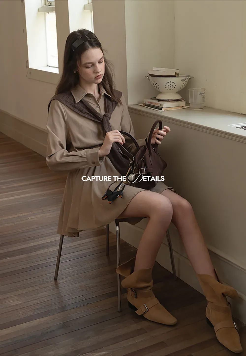 Belted Shirt Dress with Knit Scarf