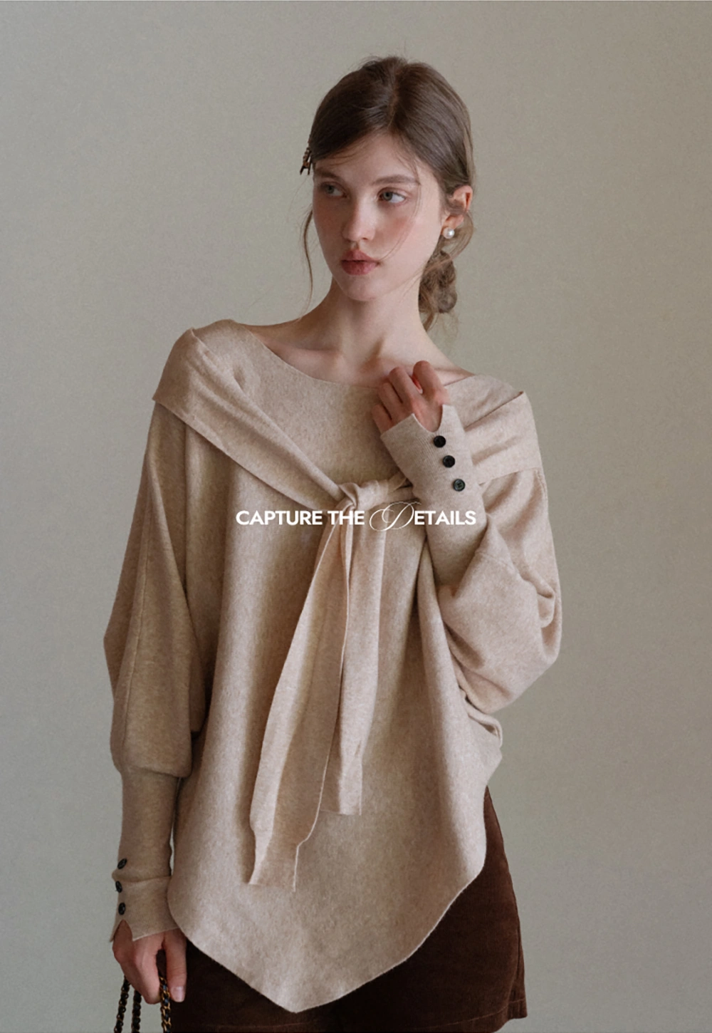 Womens Tie Collar Batwing Knit Sweater