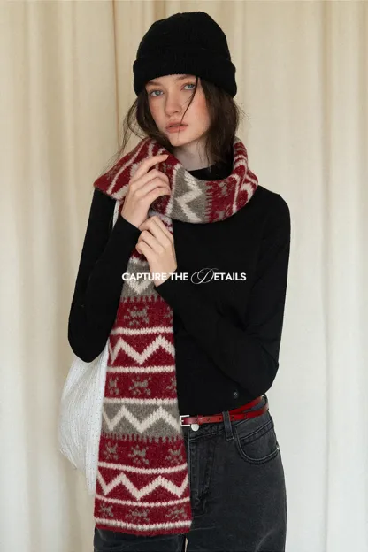 Stylish Fair Isle Patterned Long Knitted Scarf