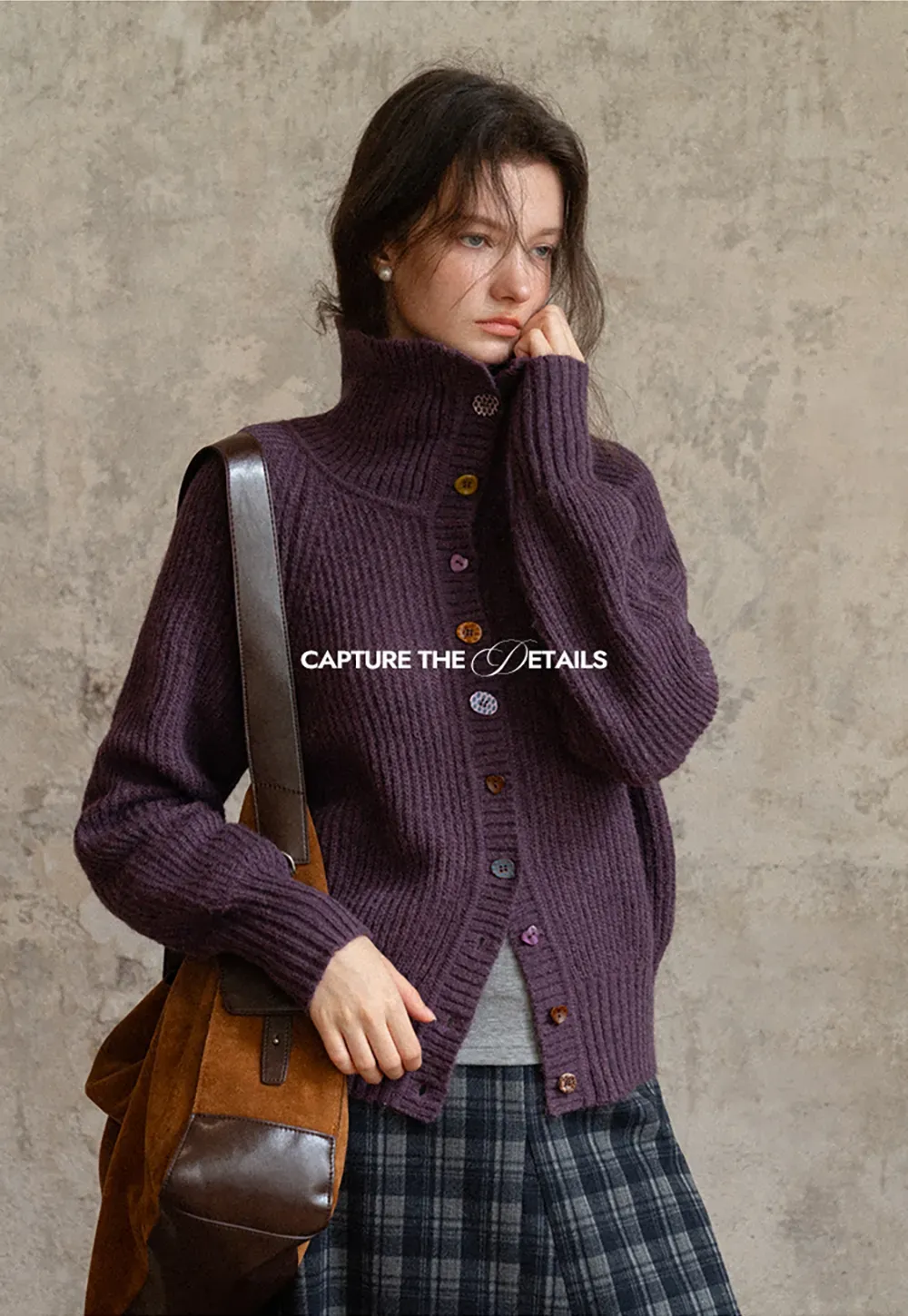 Color Button High Neck Ribbed Cardigan