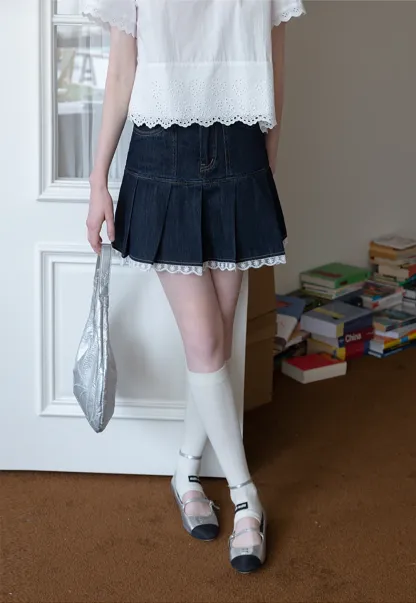 Women’s Pleated Denim Mini Skirt with Lace Trim