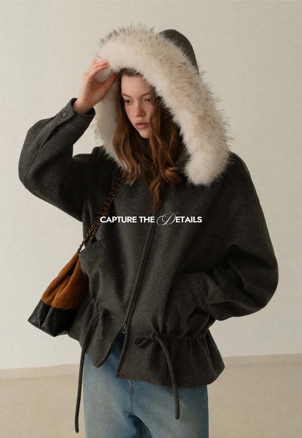 Faux-Fur Trim Hooded Charcoal Jacket