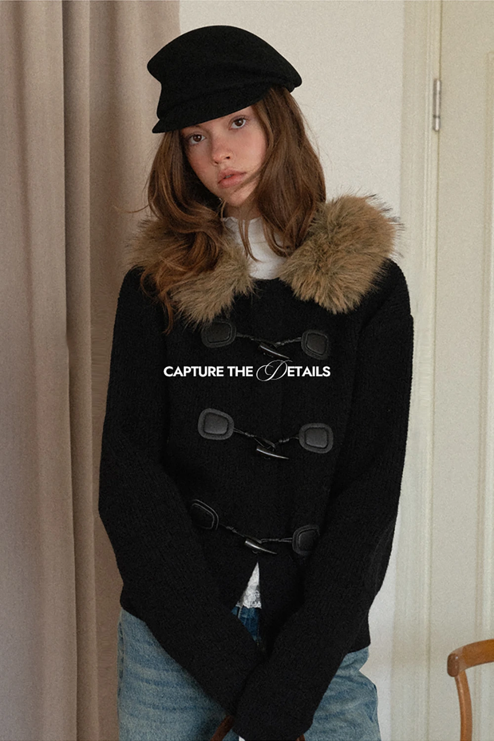 Faux Fur Hooded Cable Knit Sweater