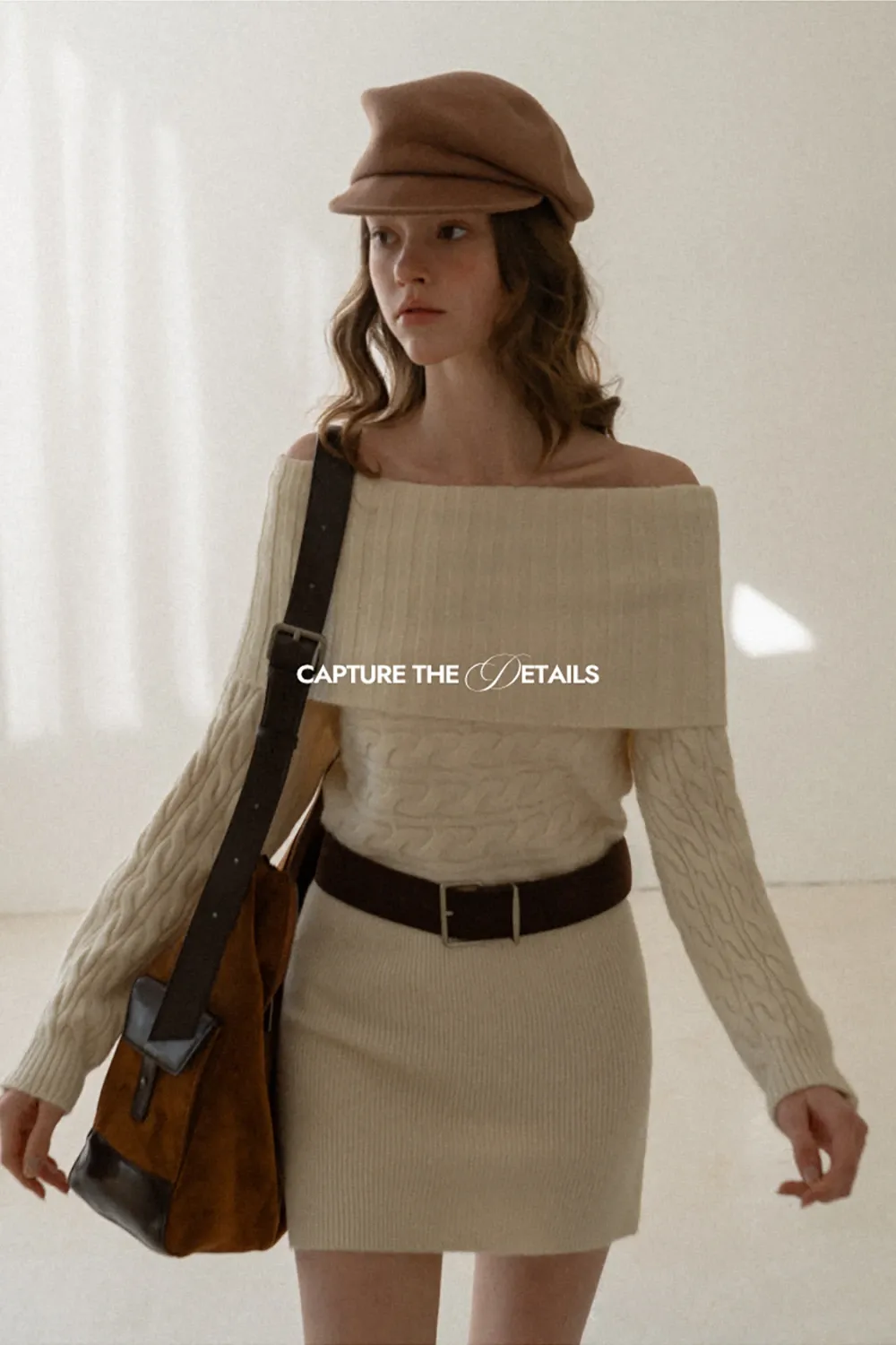 Off-Shoulder Cable Knit Waist-Cinching Dress