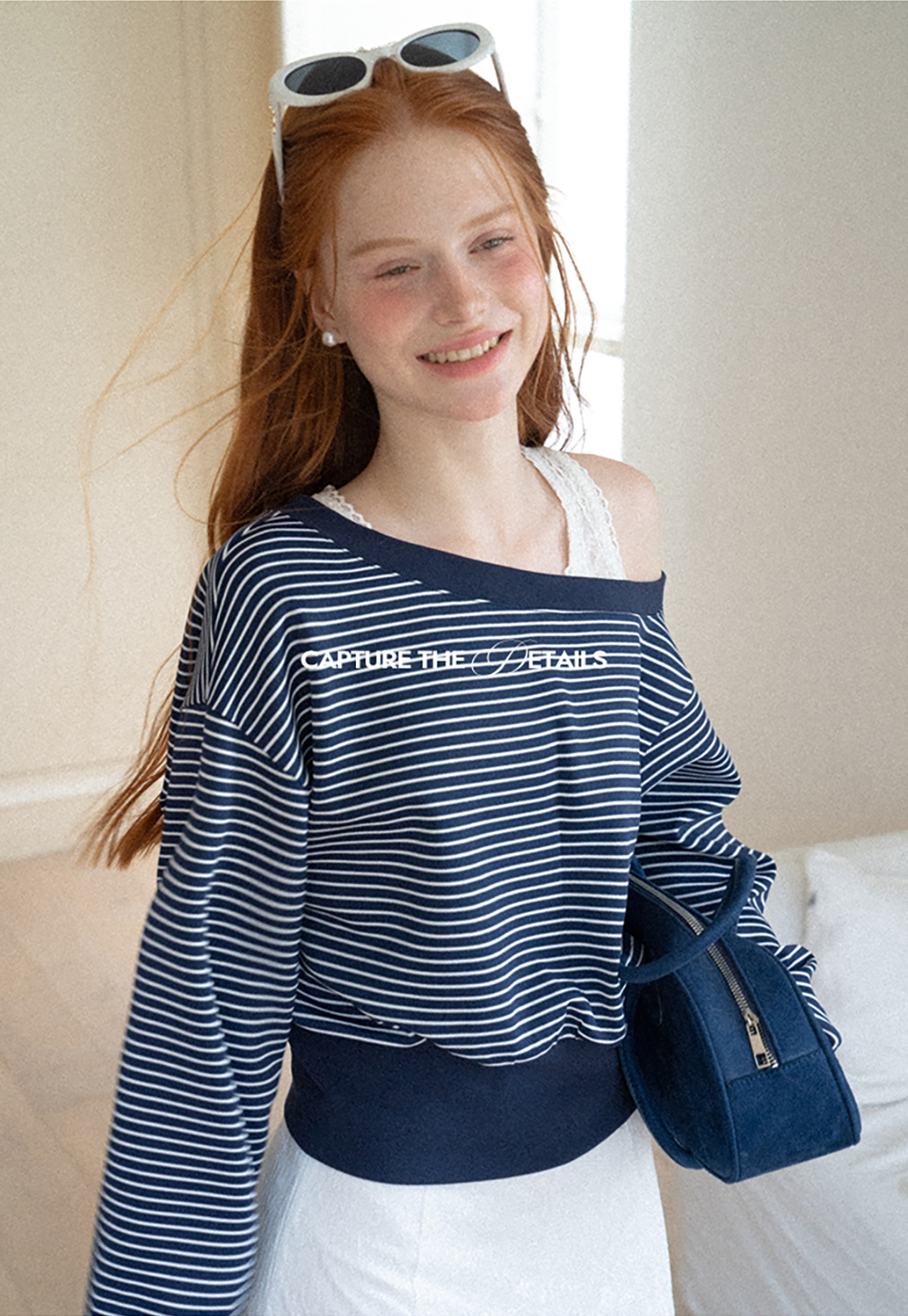 Off-the-Shoulder Striped Sweatshirt and Lace Tank Top Set