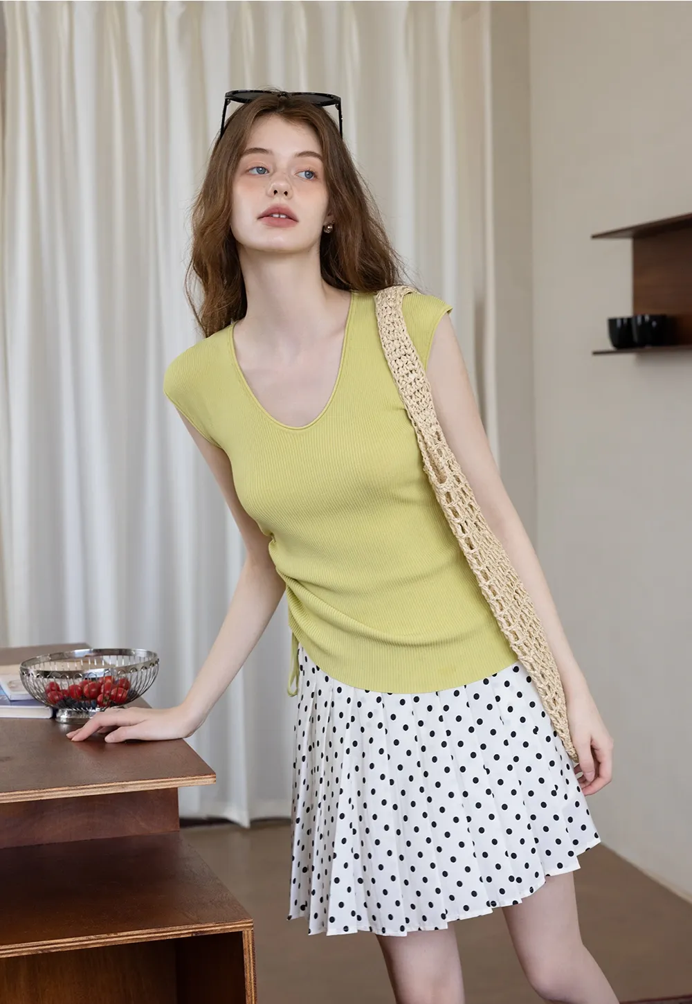 Side-Tie V-Neck Ribbed Top