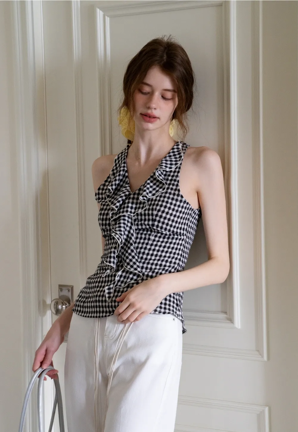 Ruffled Gingham Check Sleeveless Top