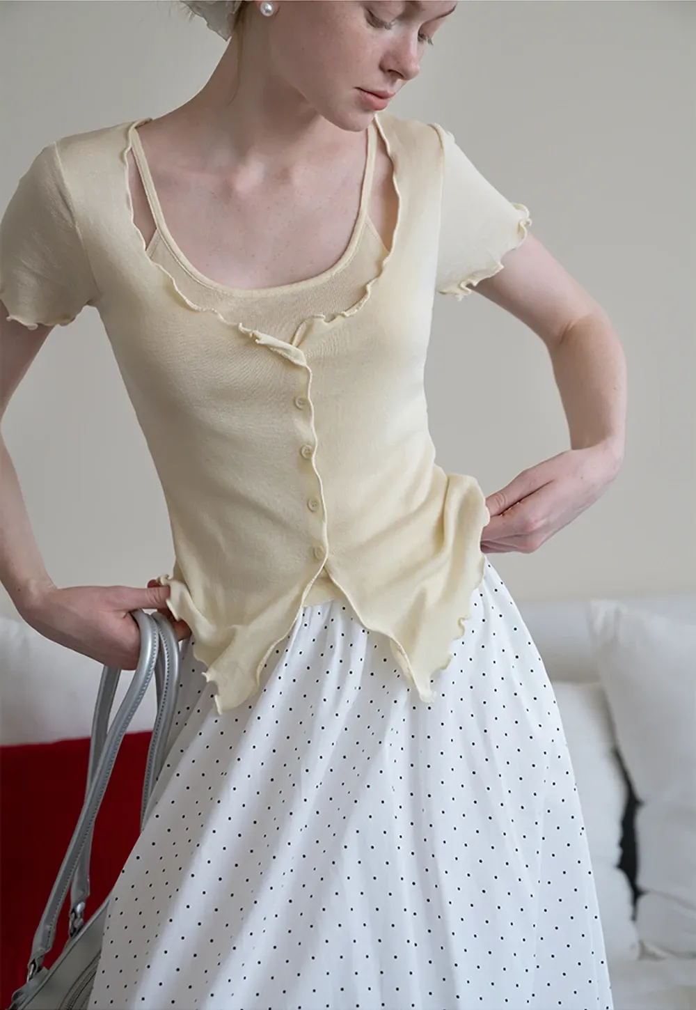 Women’s Ruffle Hem Button Down Knit Top