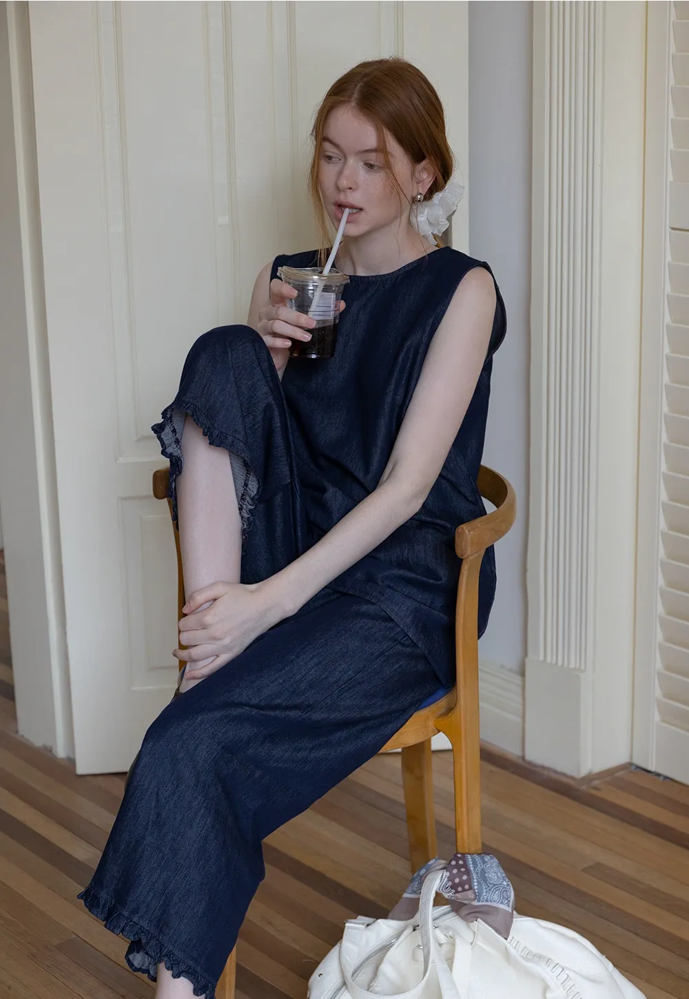Sleeveless Denim Top and Wide-Leg Pants Set