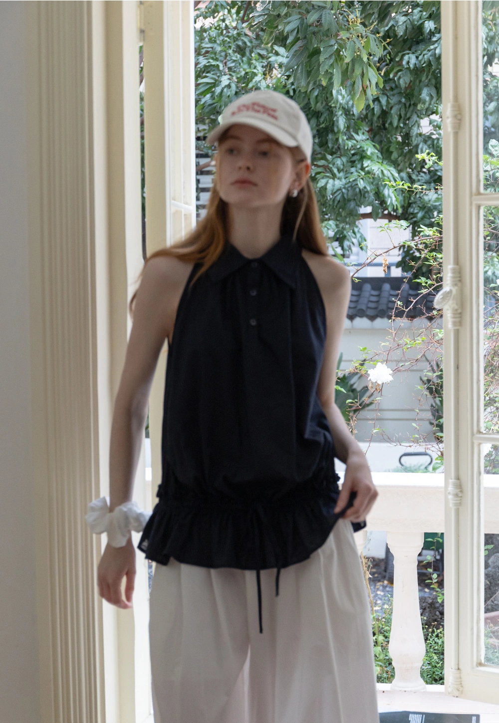Drawstring Hem Sleeveless Collared Top