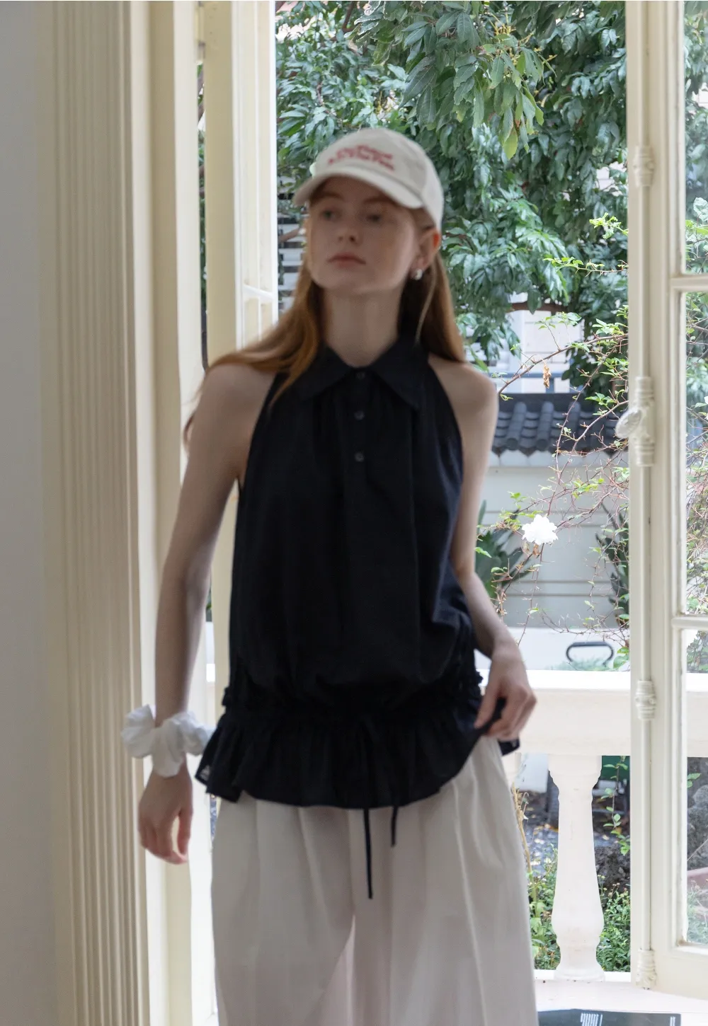 Drawstring Hem Sleeveless Collared Top