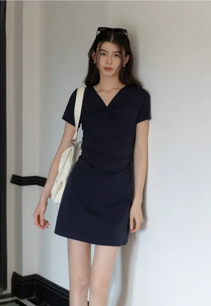 Women's Twist Front Short Sleeve Mini Dress Ruched Slim Fit