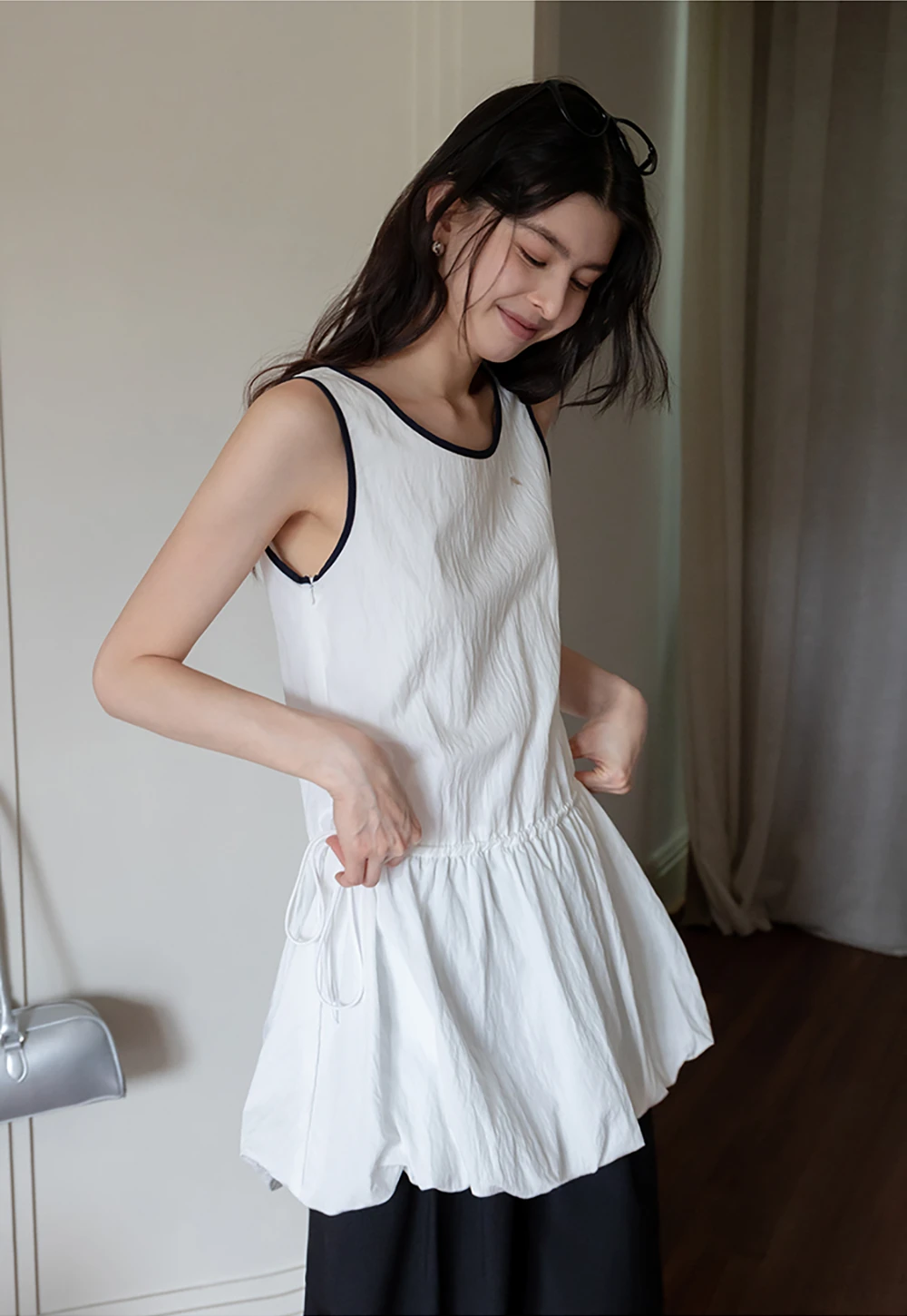 Women's Sleeveless Bubble Hem Mini Dress with Drawstring