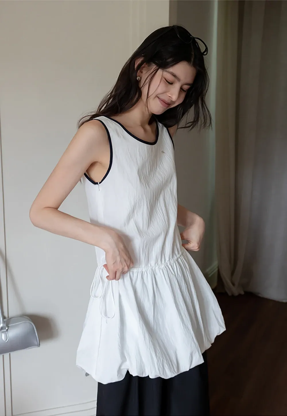 Women's Sleeveless Bubble Hem Mini Dress with Drawstring