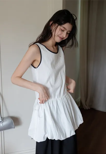 Women's Sleeveless Bubble Hem Mini Dress with Drawstring