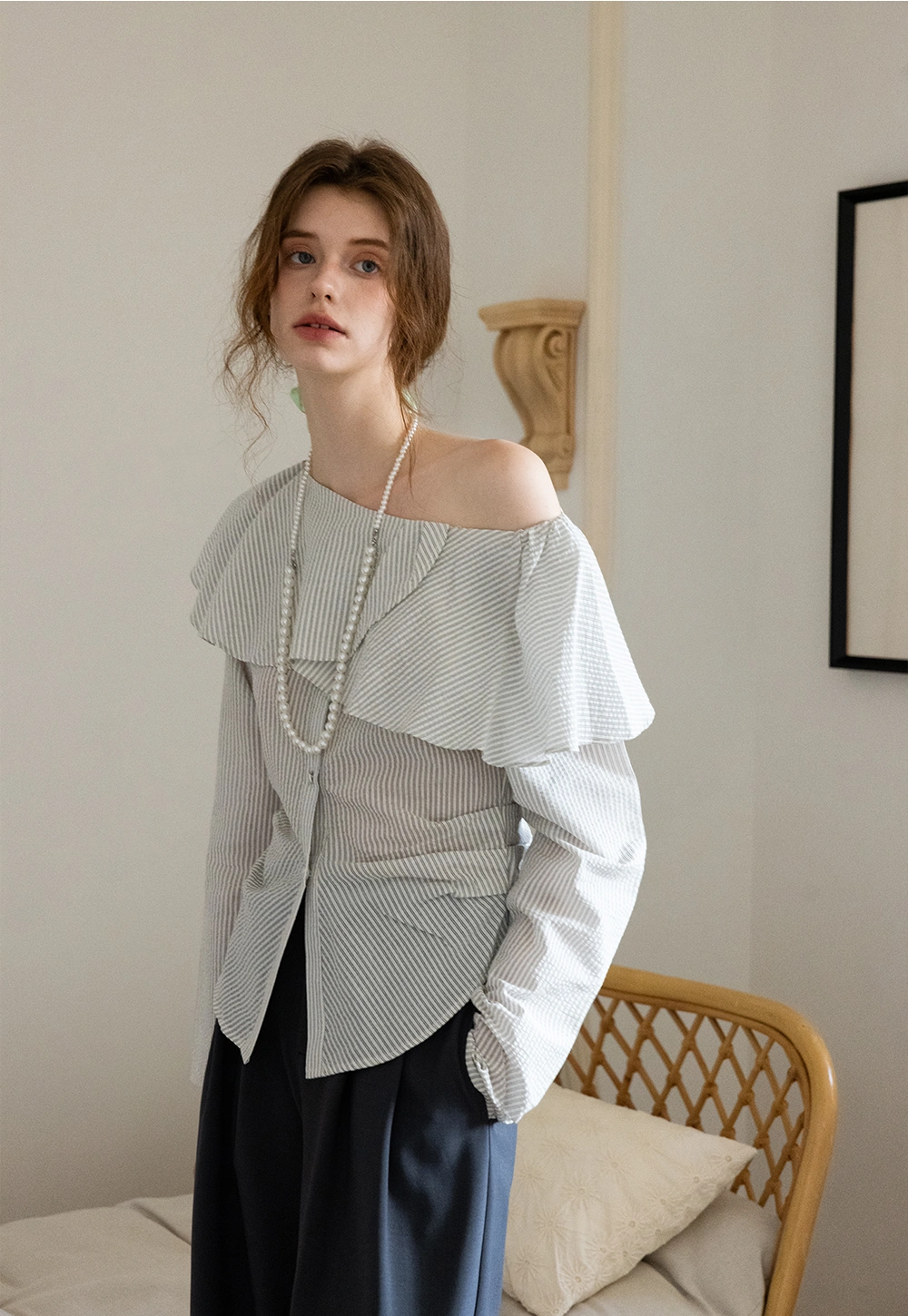 Off-Shoulder Ruffled Checkered Top with Long Sleeves