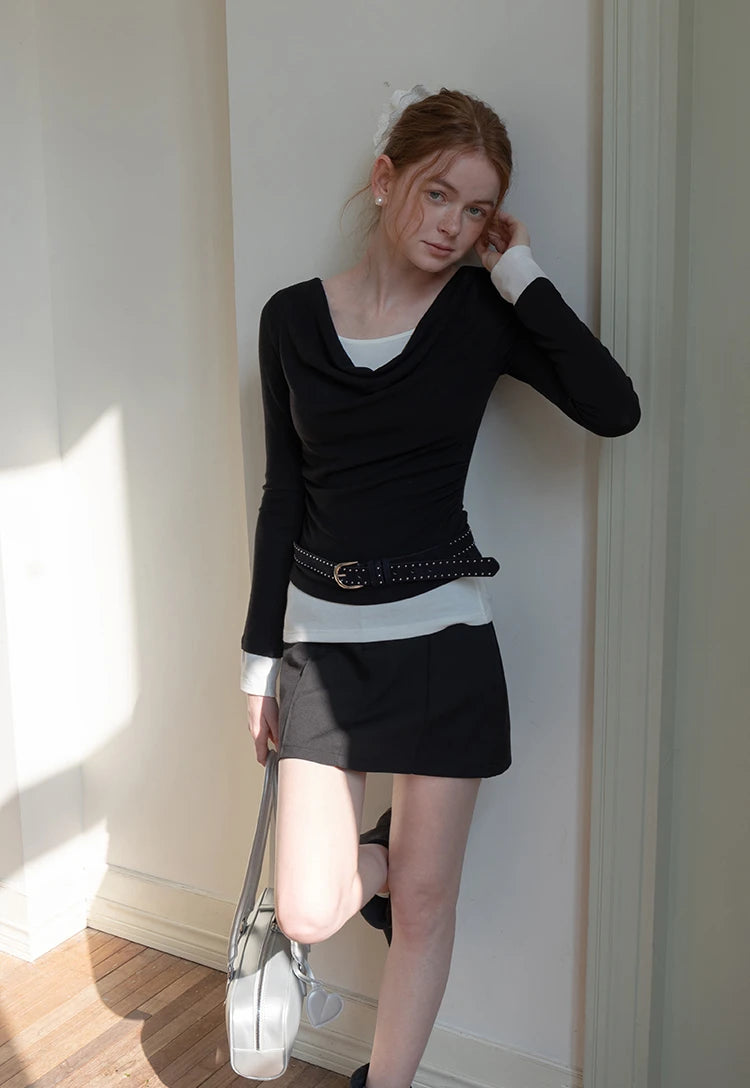 Women's Layered Drape-Neck Long Sleeve Top