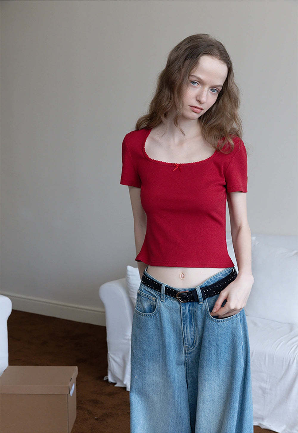 Square Neck Ribbed Tee with Bow Detail