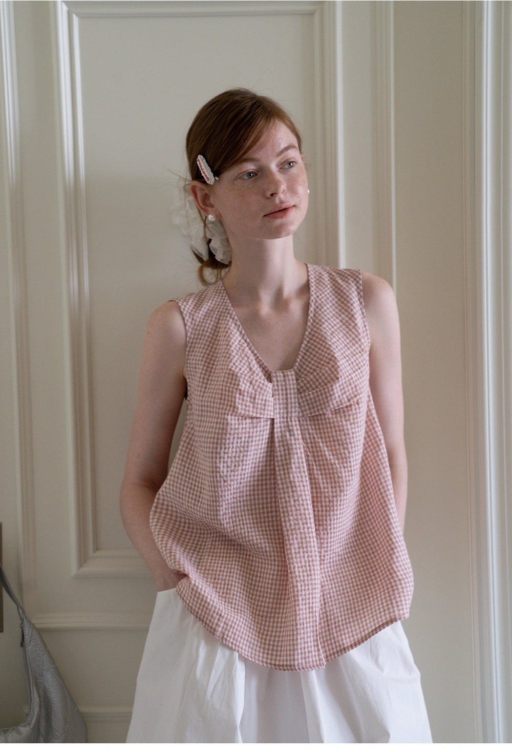 Bow Tie Pleated Textured Plaid Vest Top