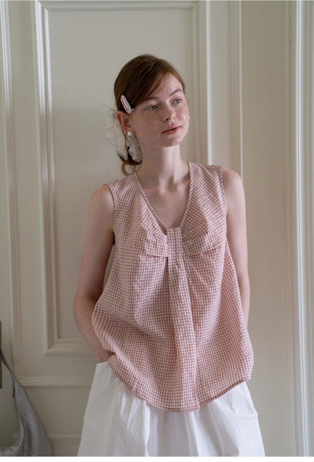 Bow Tie Pleated Textured Plaid Vest Top