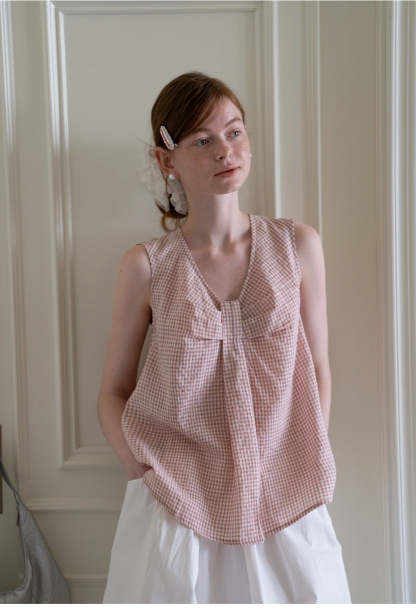 Bow Tie Pleated Textured Plaid Vest Top