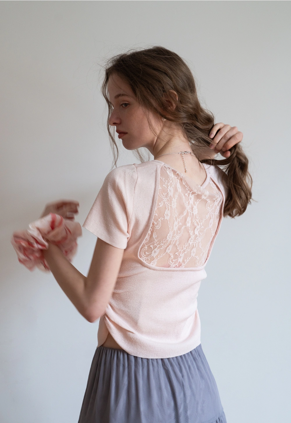 Lace Backless U-Neck Pleated Ice Silk Short Sleeve Knit Top