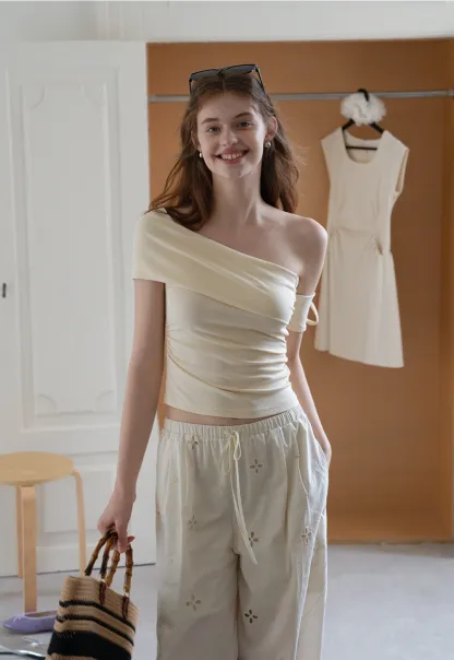 Women’s One-Shoulder Ruched Crop Top