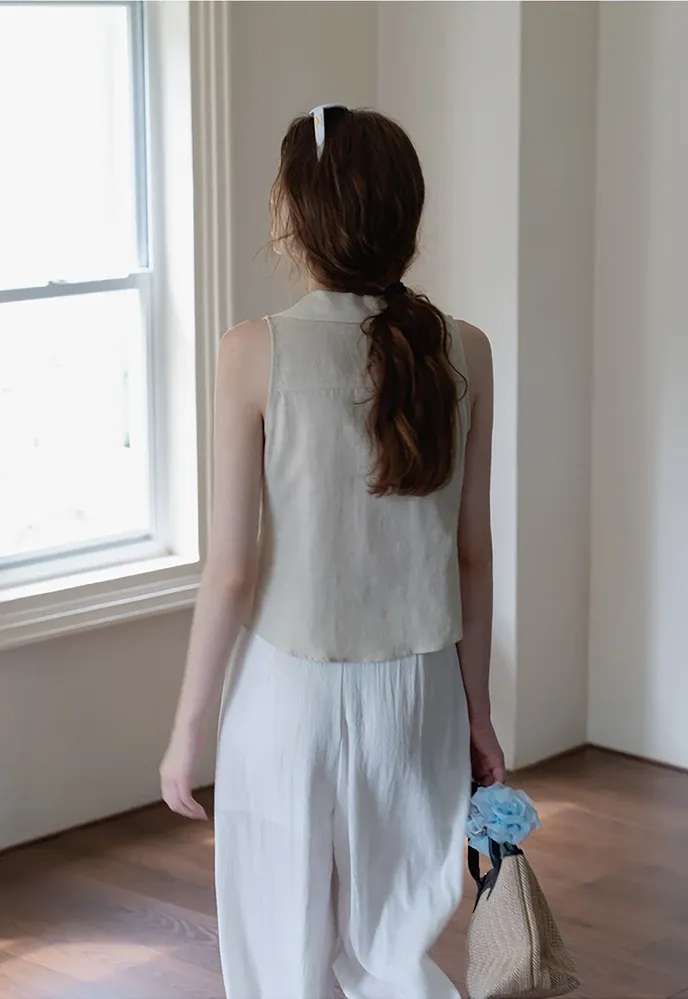 Women’s Linen Collared Button-Front Sleeveless Top