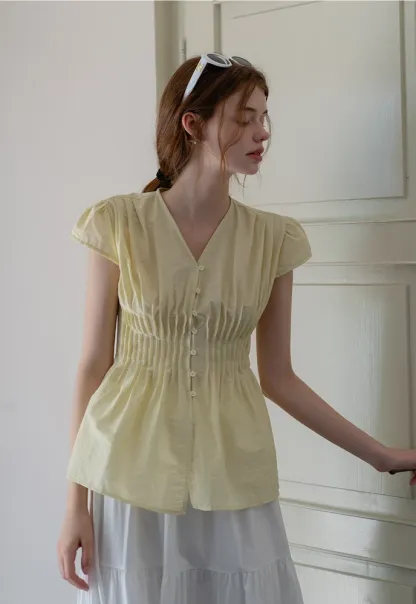 Women’s Pleated V-Neck Button Peplum Blouse